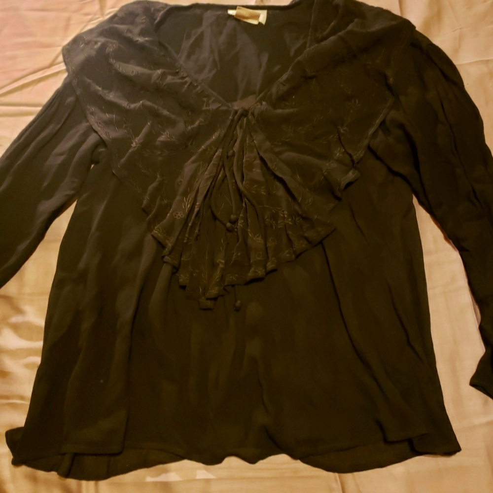 Vintage sheer black blouse with embroidery on collar. Size small. Accent on/you.